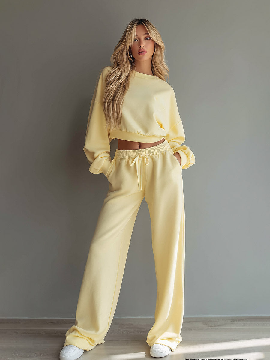 Casual Minimalist Pale Yellow Cropped Sweatshirt And Pant Set