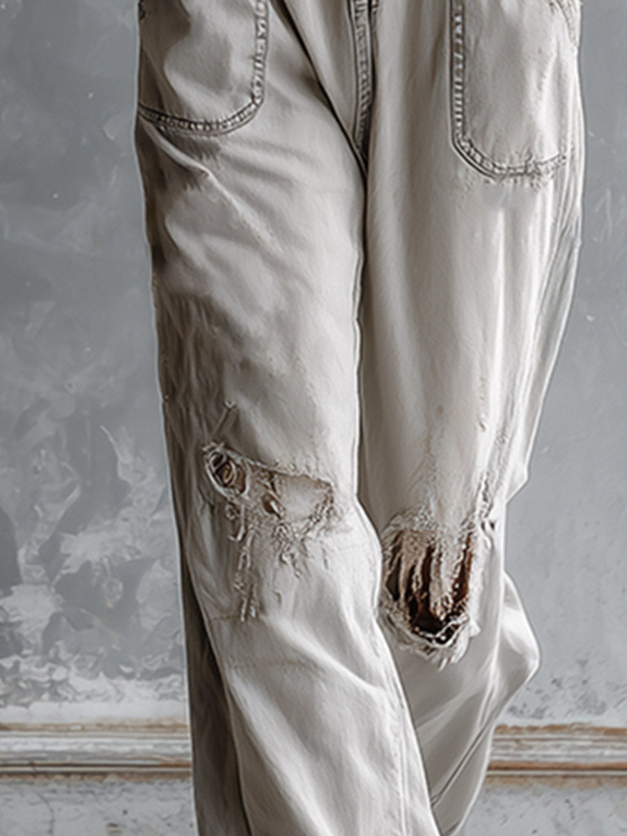 Chic And Casual Light Grey Distressed Ripped Denim Jumpsuit