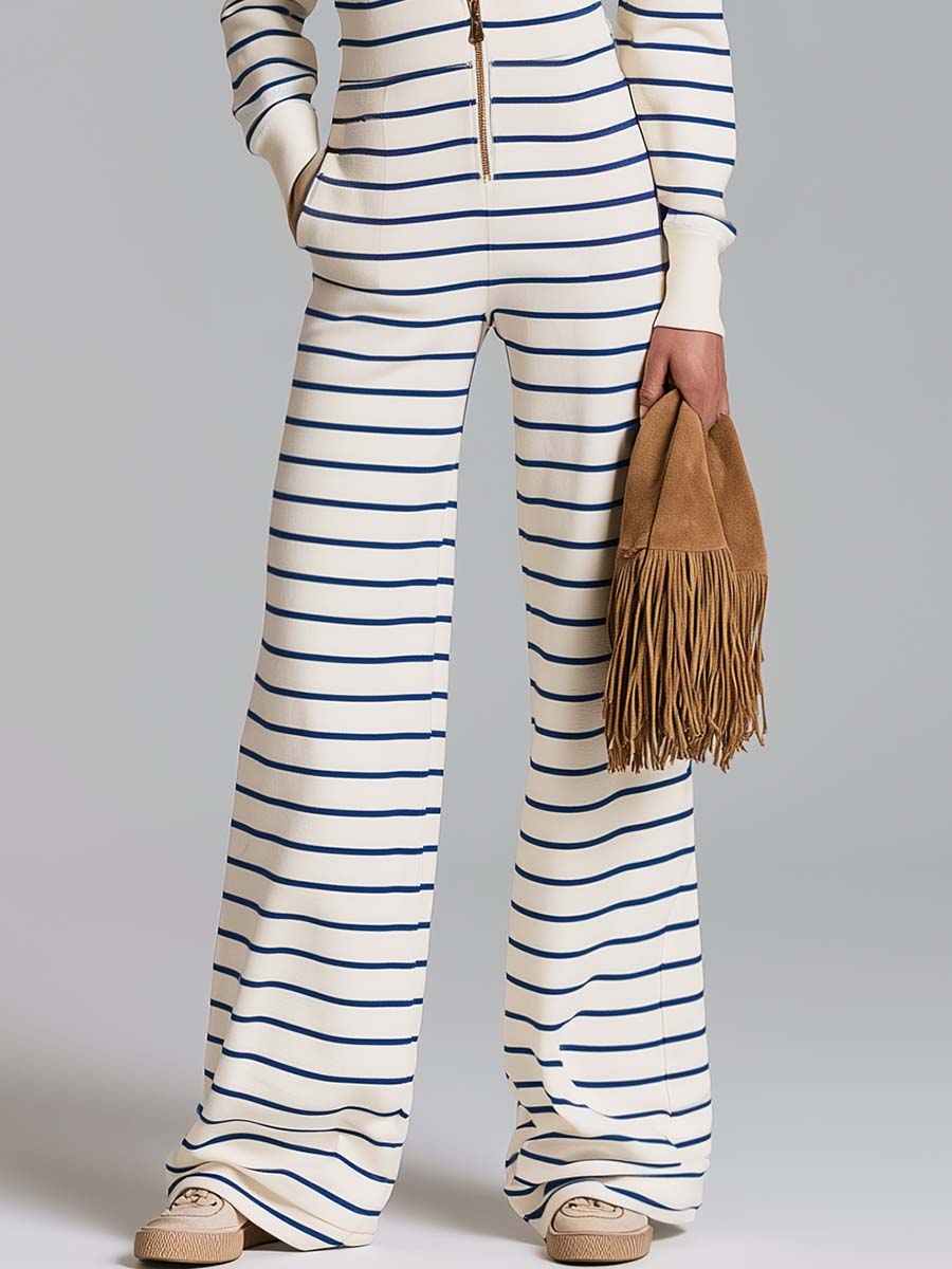 Retro Nautical Striped Hooded Zip-Up Wide-Leg Jumpsuit