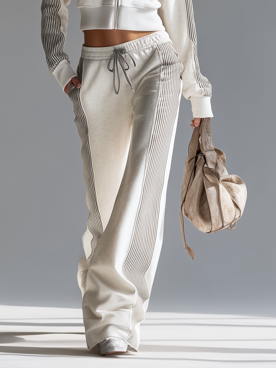 Retro-casual Sporty Black-and-white Striped Hooded Wide-leg Jumpsuit