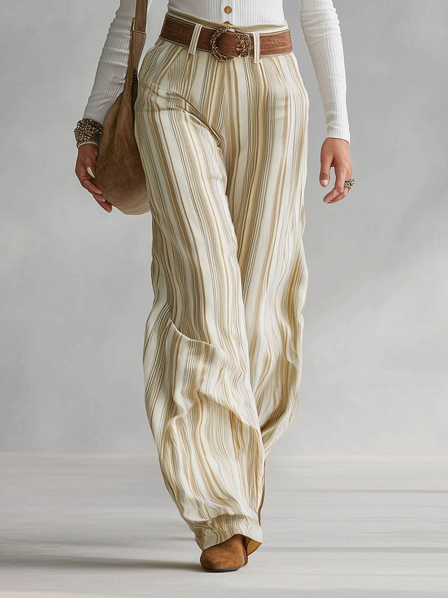 Vintage-style Elegant Western-inspired Cotton Base Layer And Printed Striped Trousers Set