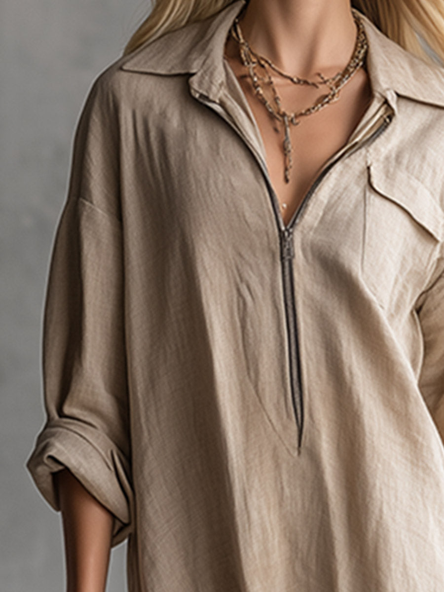 Minimalist Casual Khaki Collared Tassel Cotton-Linen Long-Sleeve Maxi Dress