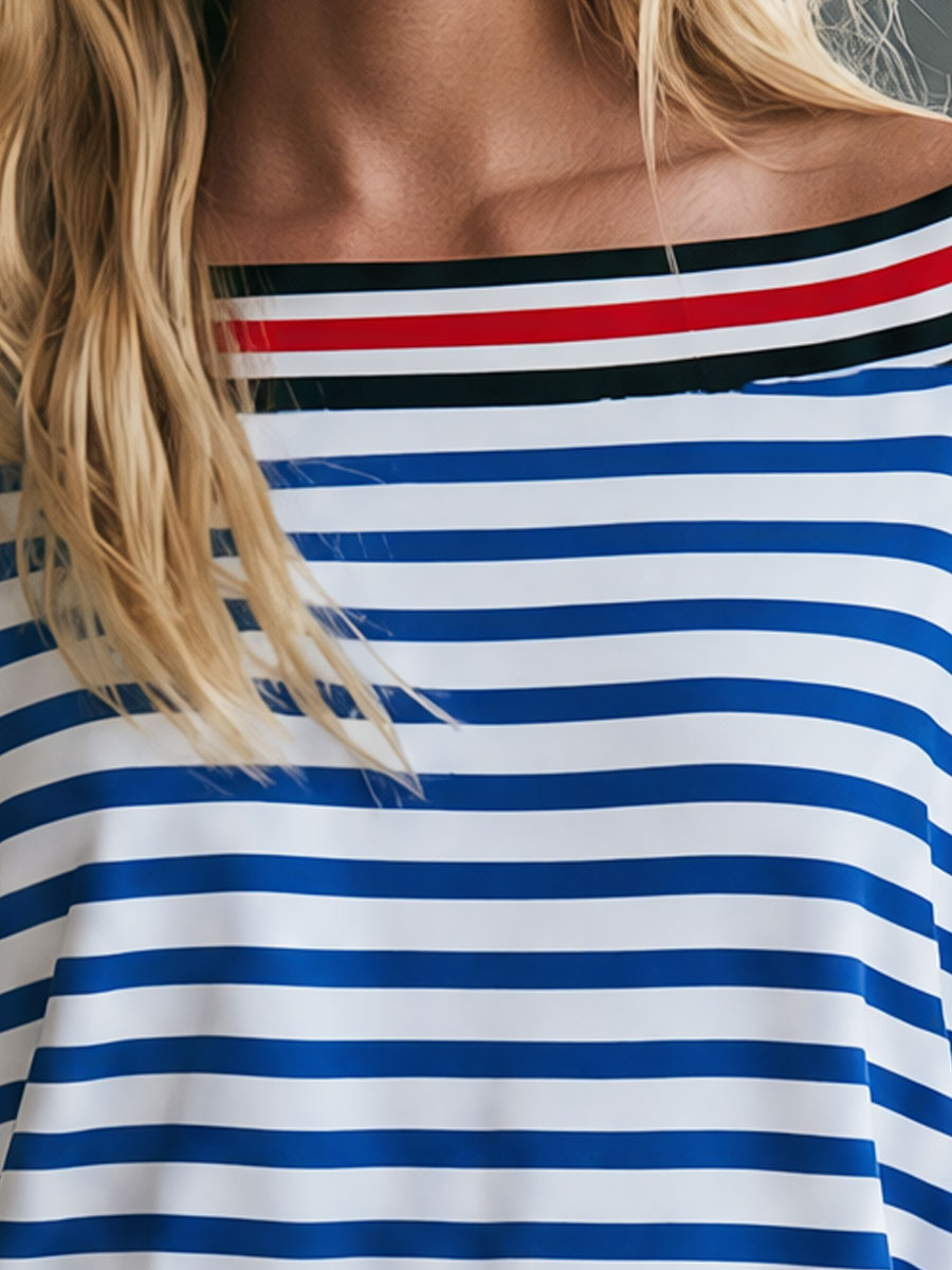 Casual Retro Color-blocked Ribbon Blue Striped Cotton Long-sleeved Mini Dress