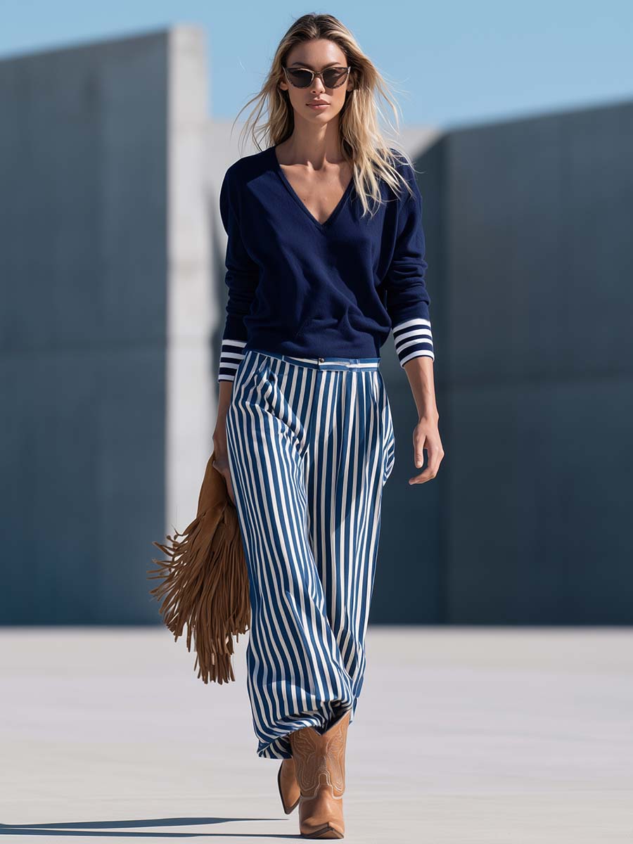 Retro Nautical Navy V-Neck Sweatshirt And Striped Wide-Leg Pants Set