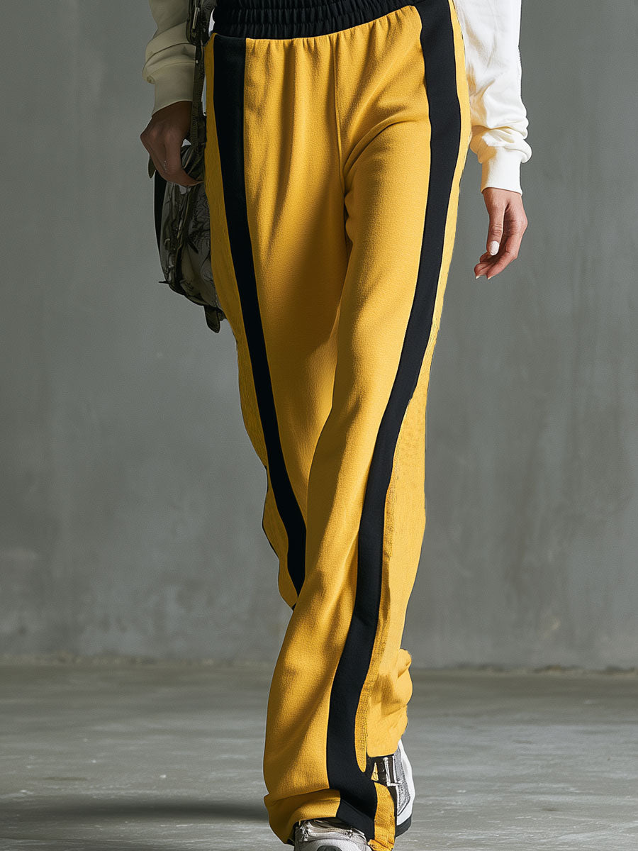 Casual Retro Off-white Cotton T-shirt And Yellow Color-blocked Pants Set