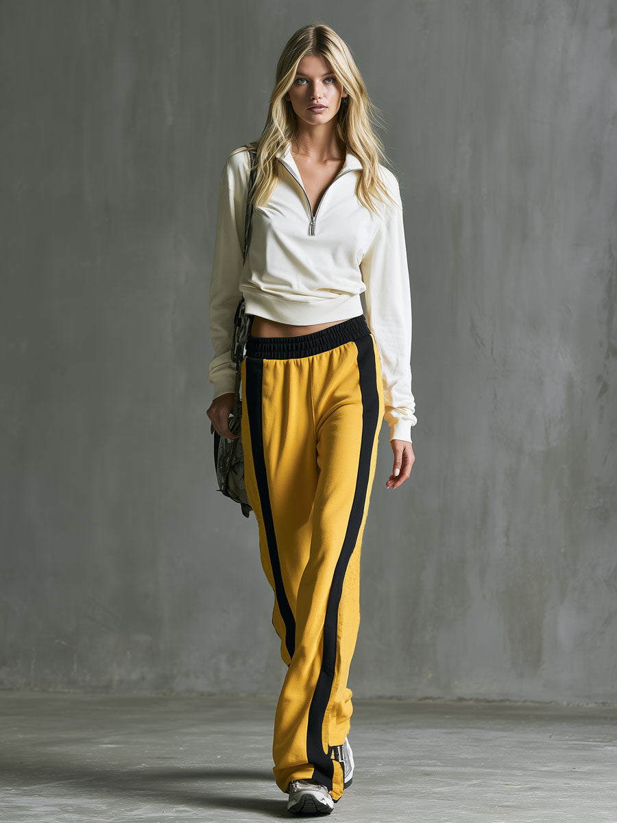 Casual Retro Off-white Cotton T-shirt And Yellow Color-blocked Pants Set