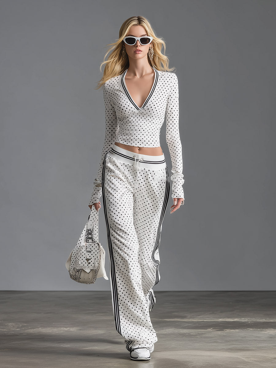 Retro Sporty Striped Trim White Polka-dot Cotton Sweatshirt And Joggers Set