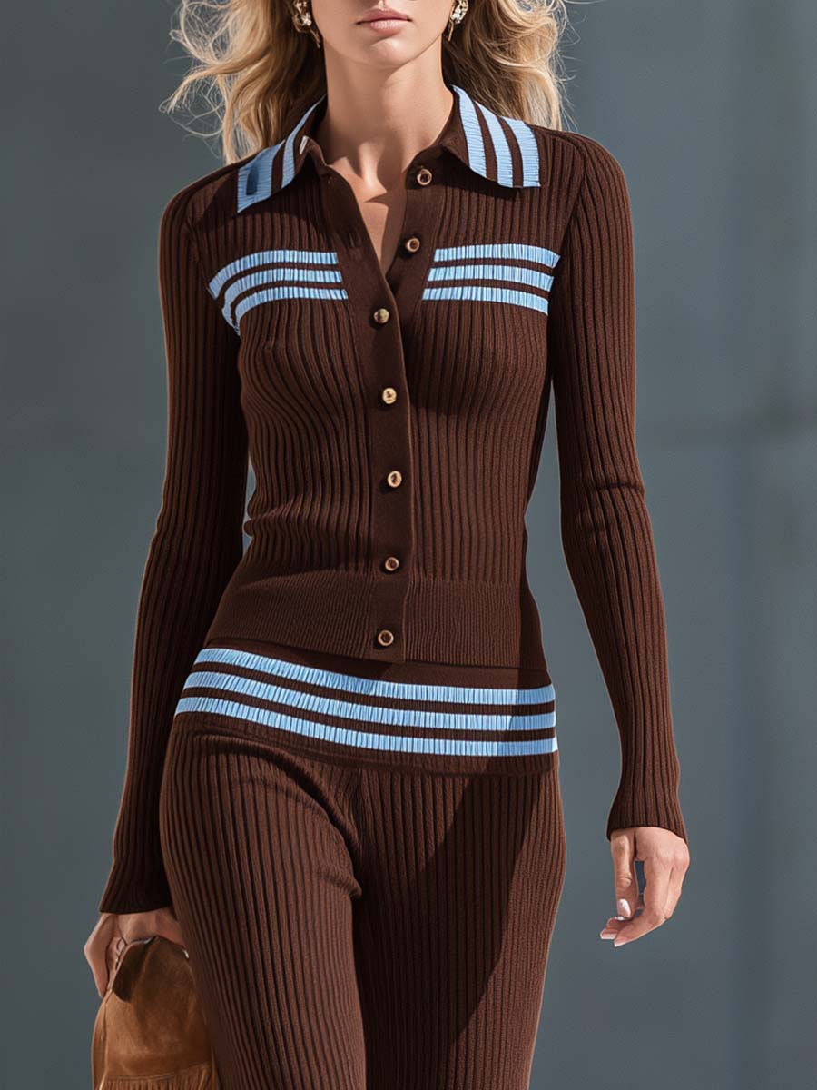 Retro Brown Striped Ribbed Knit Button Top And Pants Set
