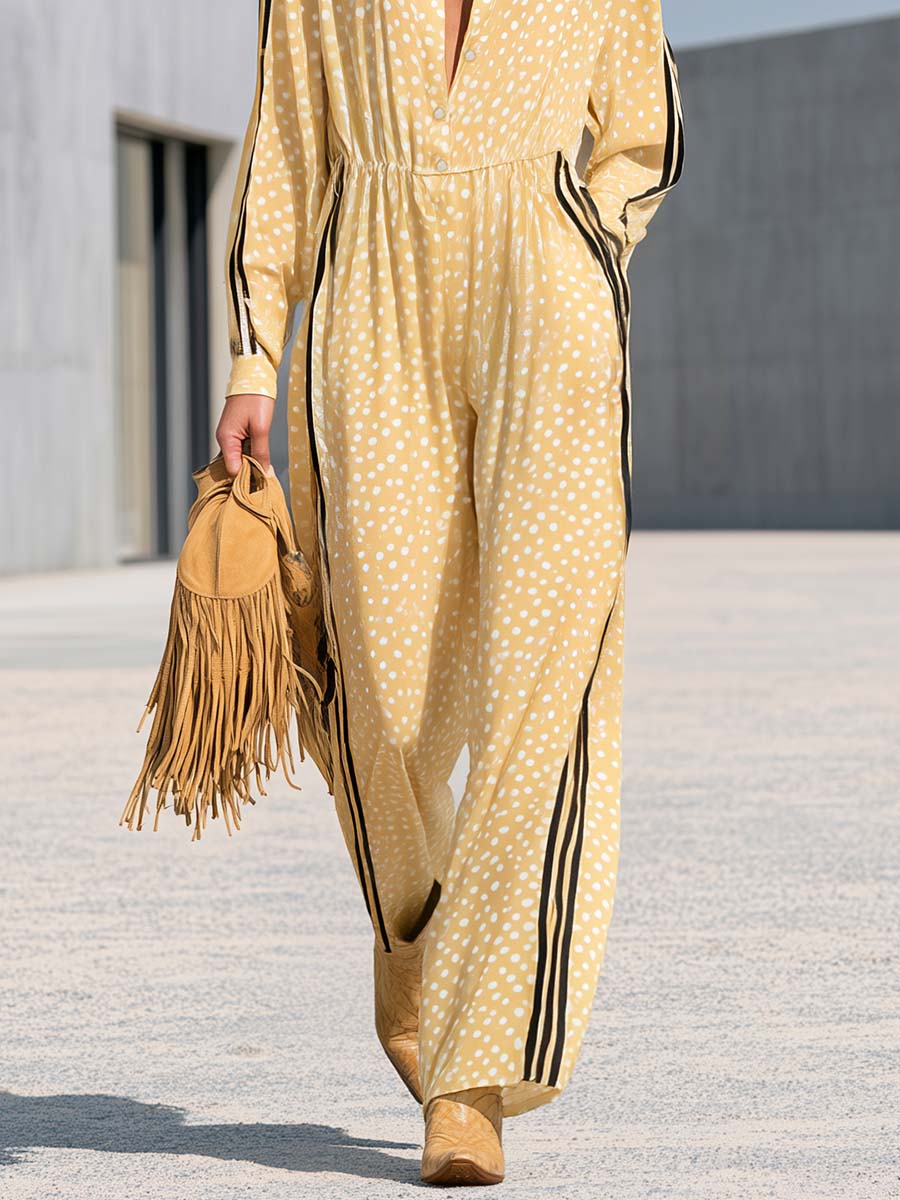 Retro Sporty Yellow Polka-Dot Chiffon Side-Stripe Wide-Leg Jumpsuit