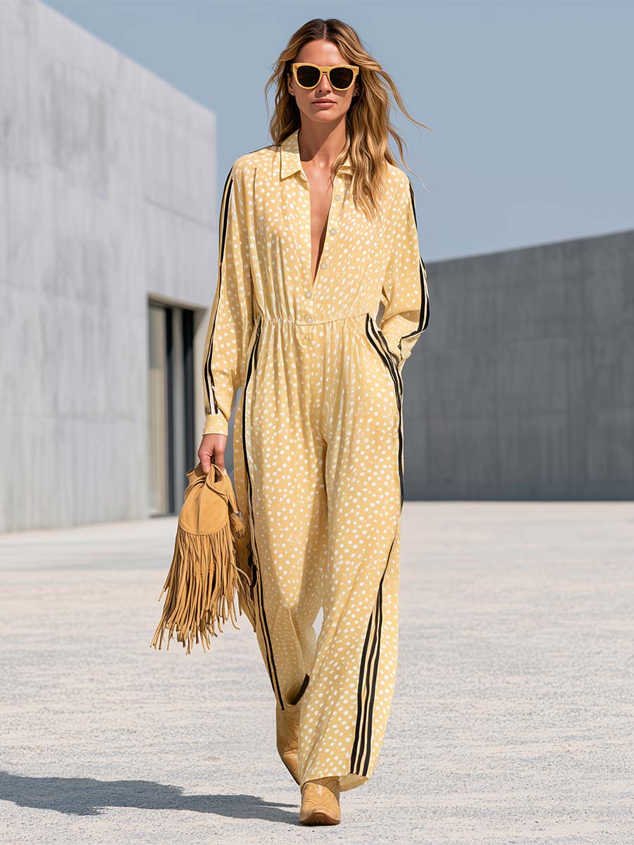 Retro Sporty Yellow Polka-Dot Chiffon Side-Stripe Wide-Leg Jumpsuit