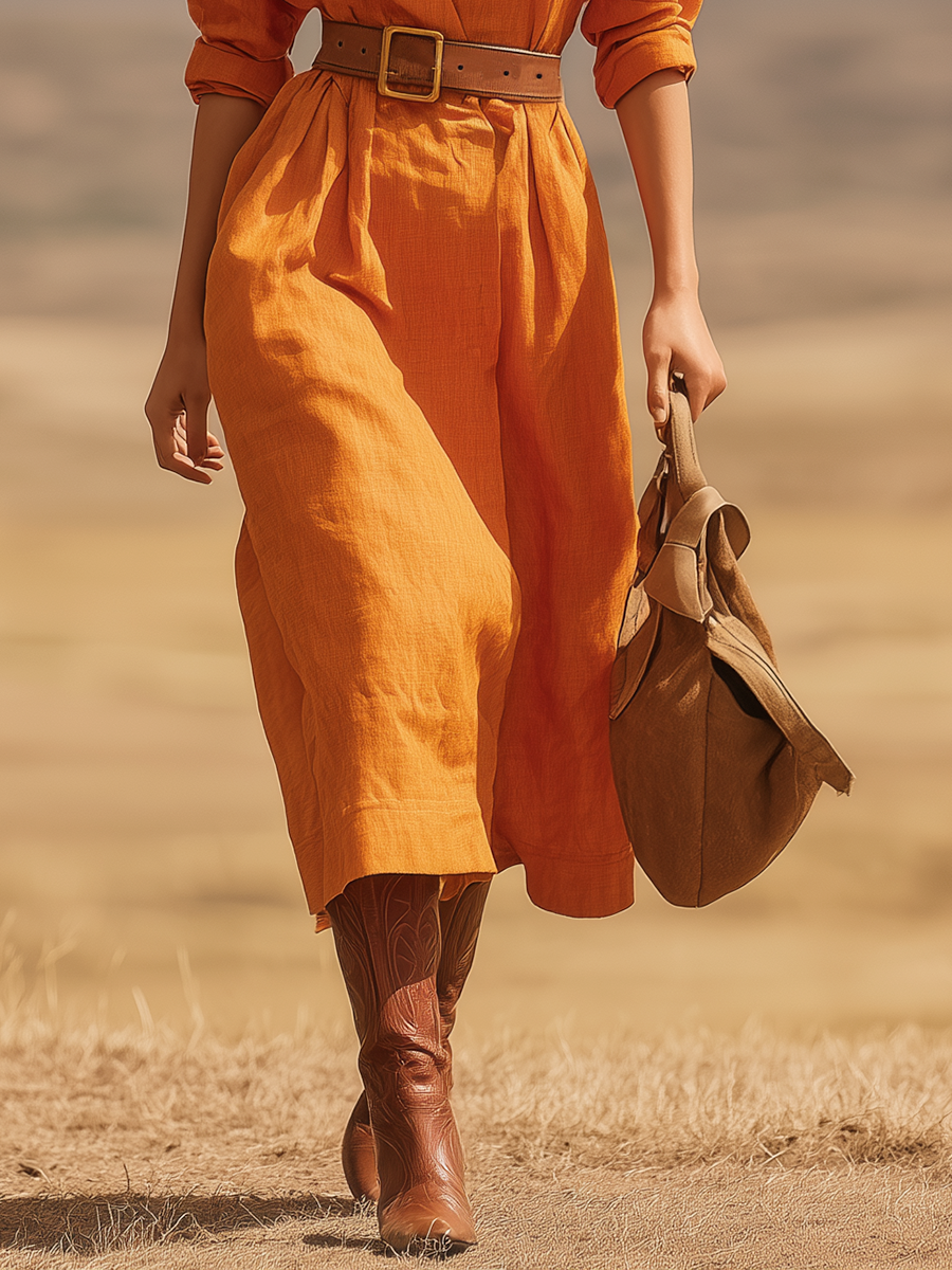 Retro-casual Western-style Solid-color Maxi Skirt