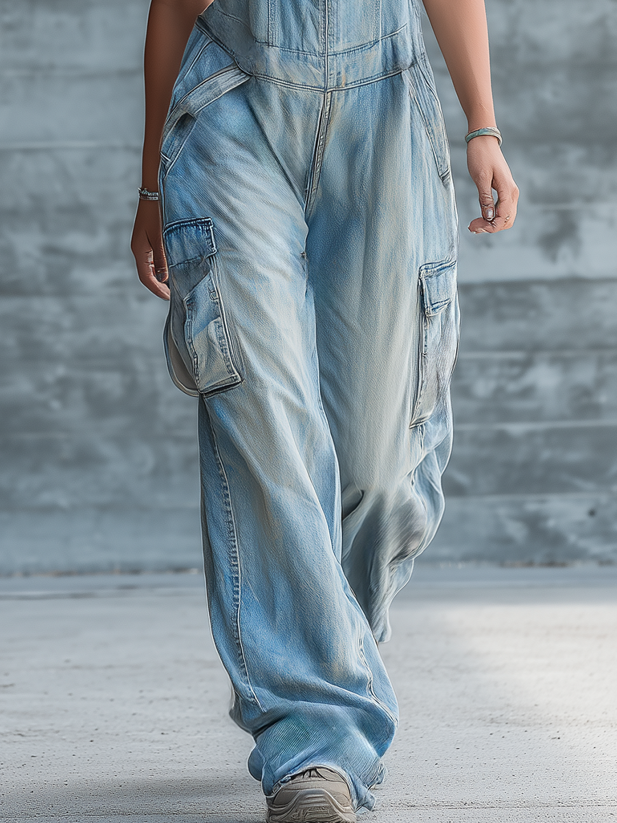 Retro Casual Street Style Multi-pocket Denim Loose Wide-leg Sleeveless Jumpsuit