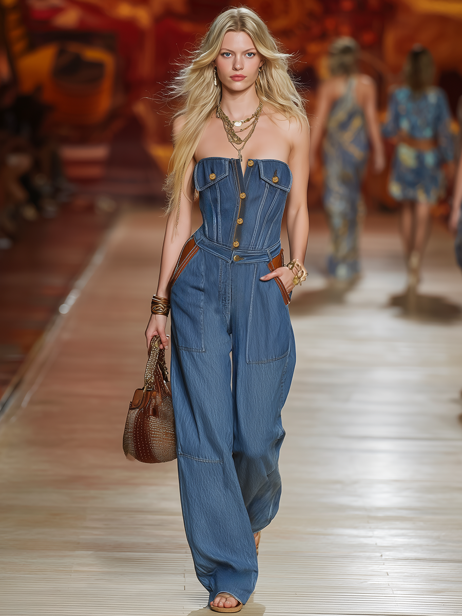 Retro-chic Style: Mid-blue Washed Denim Strapless Jumpsuit With Suede Color Blocking, Metal Buttons, And Large Workwear-style Patch Pockets.