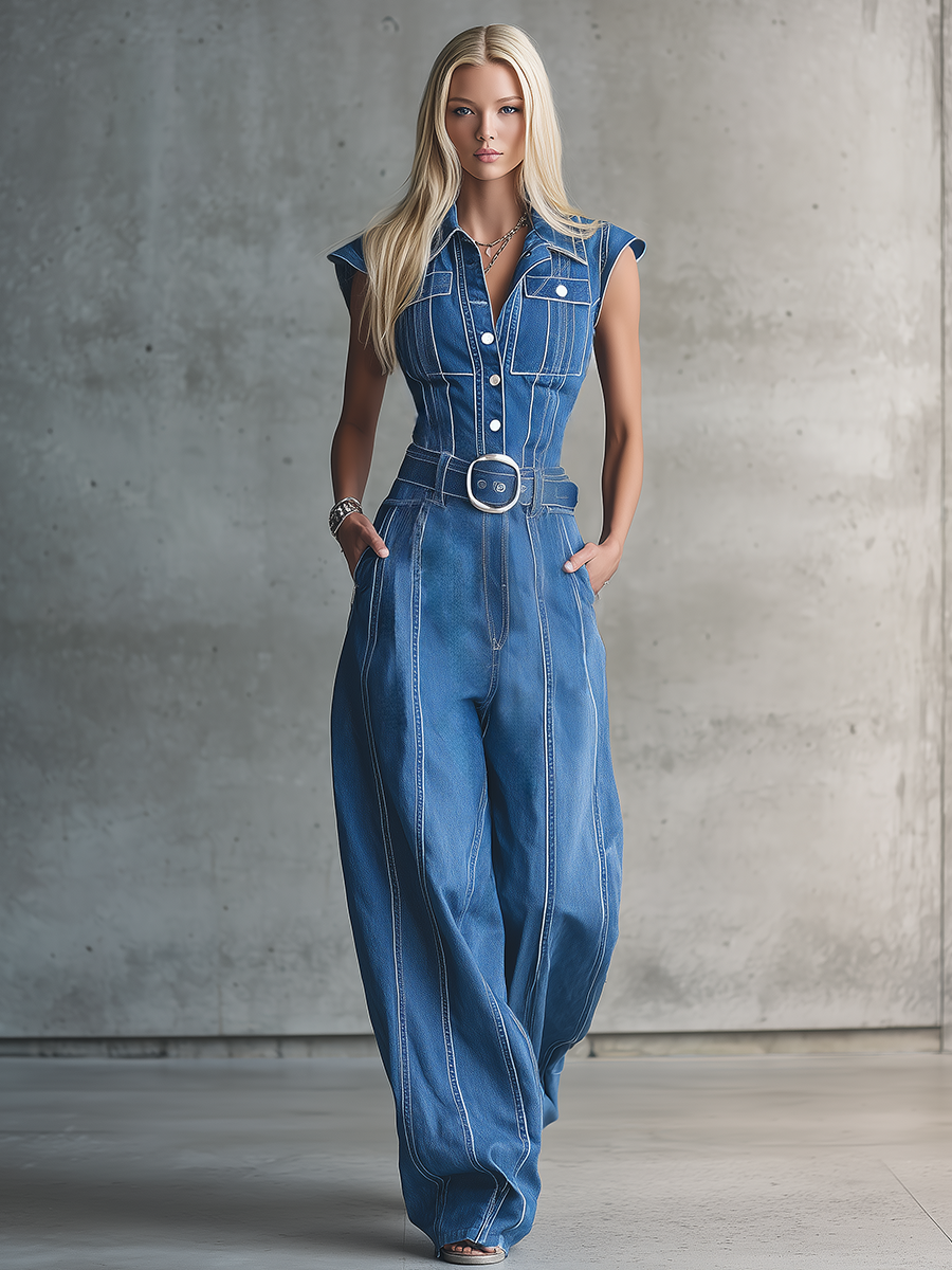 Retro Button-down Denim Jumpsuit With Contrasting Distressed Details And A Cinched Waist For A Wide-leg Cargo Look