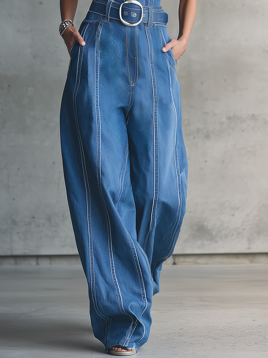 Retro Button-down Denim Jumpsuit With Contrasting Distressed Details And A Cinched Waist For A Wide-leg Cargo Look