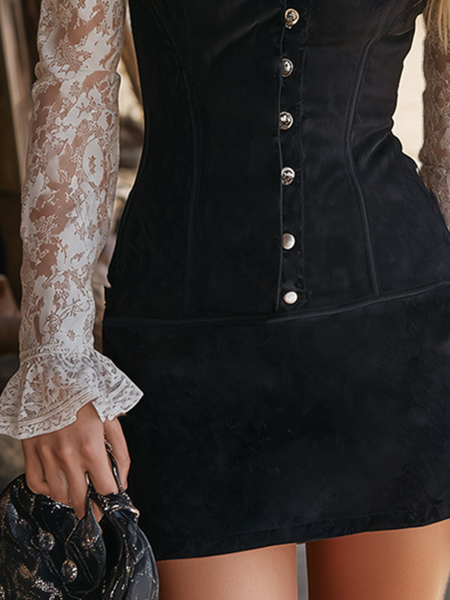 Vintage-style Elegant Black Faux Suede And White Lace Long-sleeve Mini Dress
