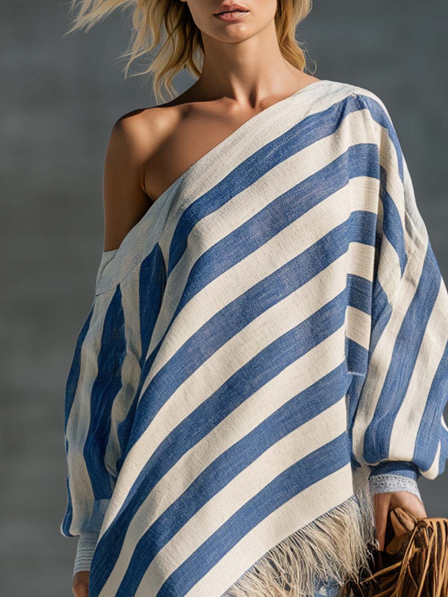 Boho Western Blue Striped Fringe Asymmetric Midi Dress