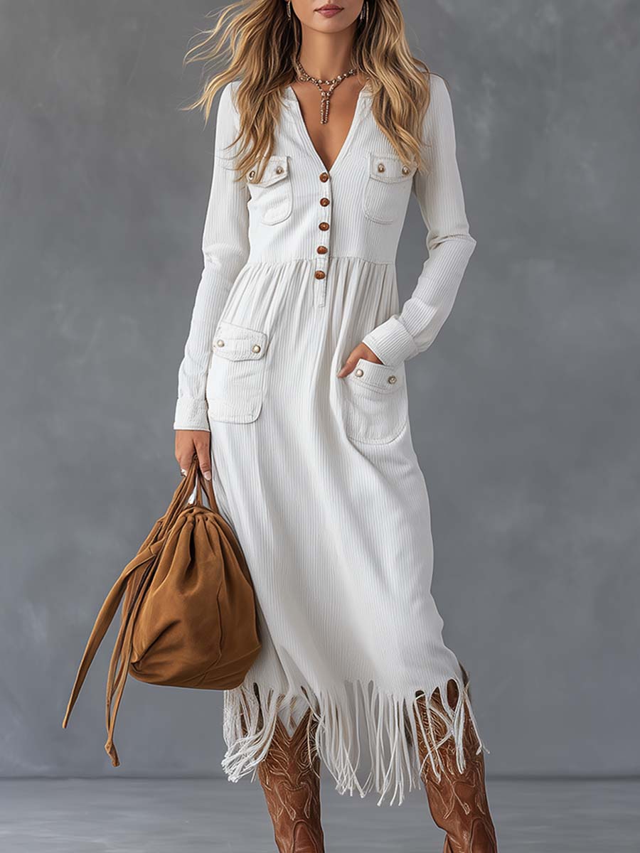 Western White Ribbed Knit Fringe Button-Front Maxi Dress