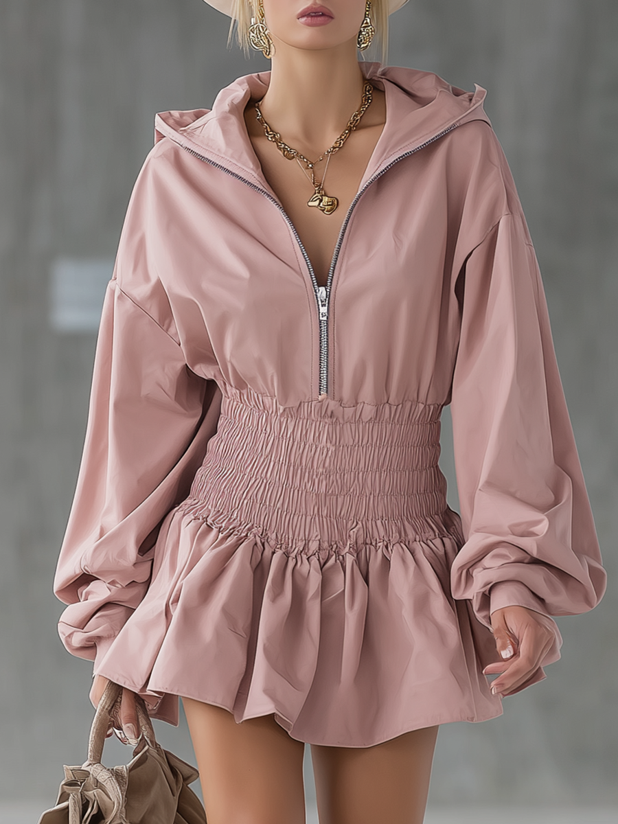 Vintage-style Casual Elegant Pink Cotton-linen Hooded Dress