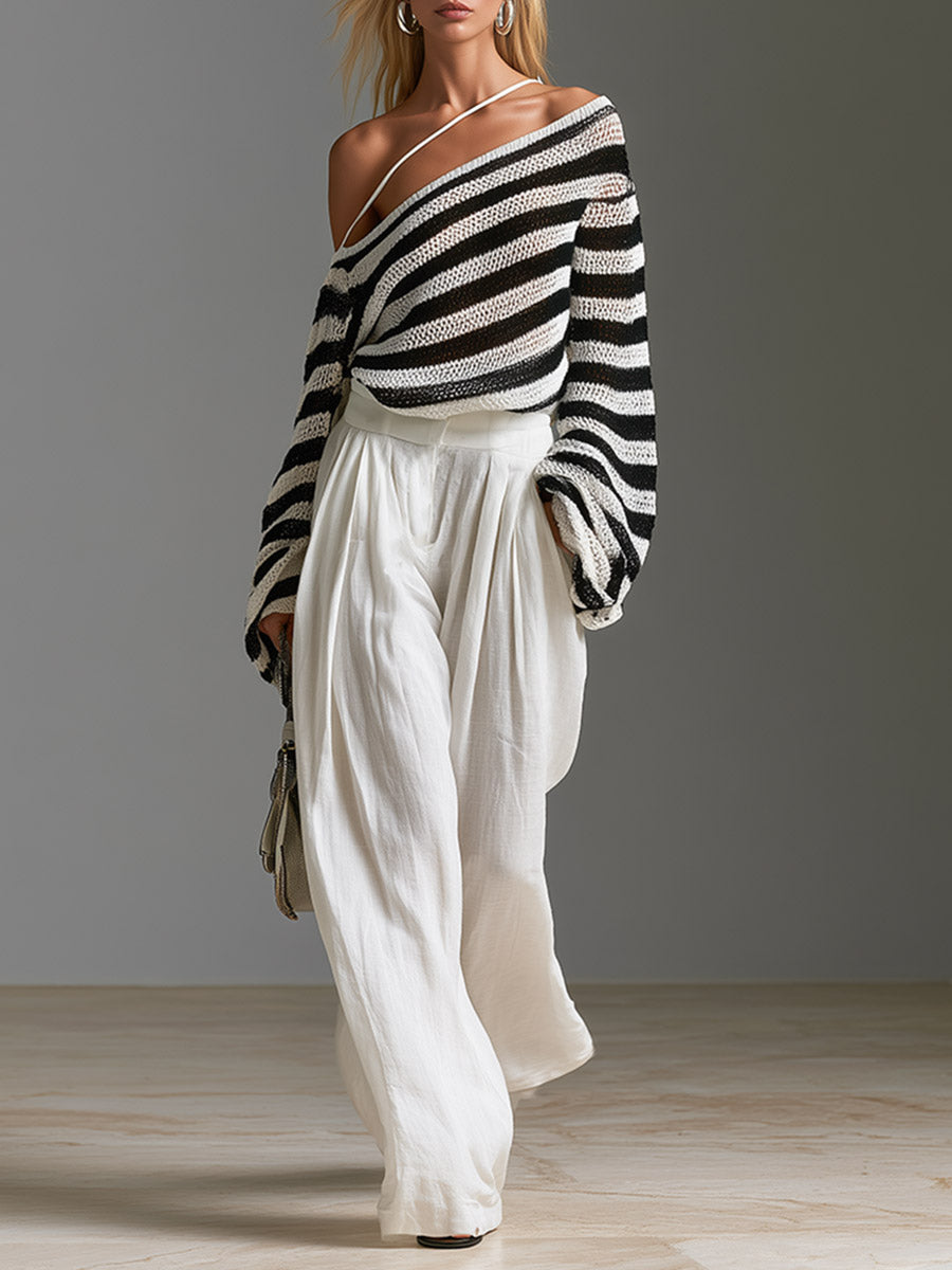 Minimalist Urban Striped One-Shoulder Knit Top And White Cotton-Linen Wide-Leg Pants Set