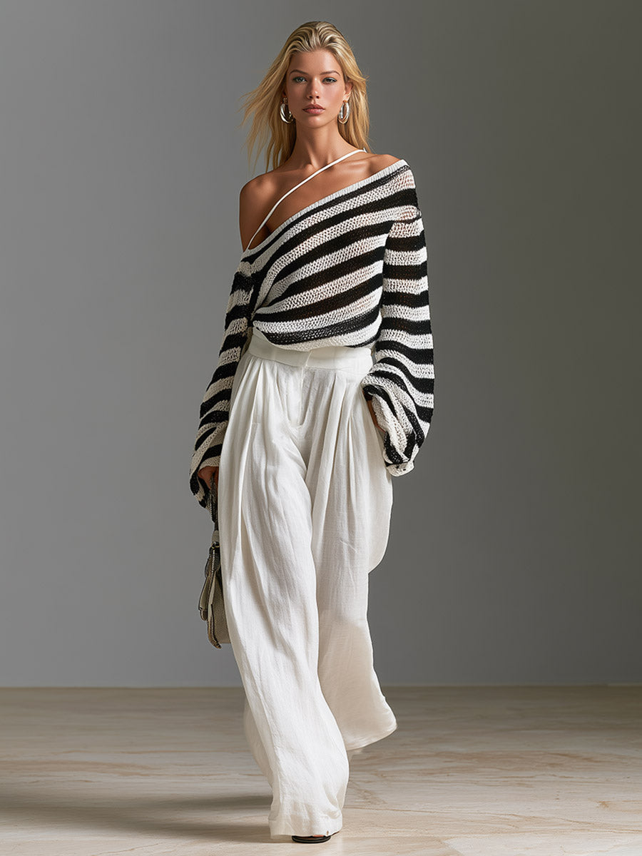 Minimalist Urban Striped One-Shoulder Knit Top And White Cotton-Linen Wide-Leg Pants Set
