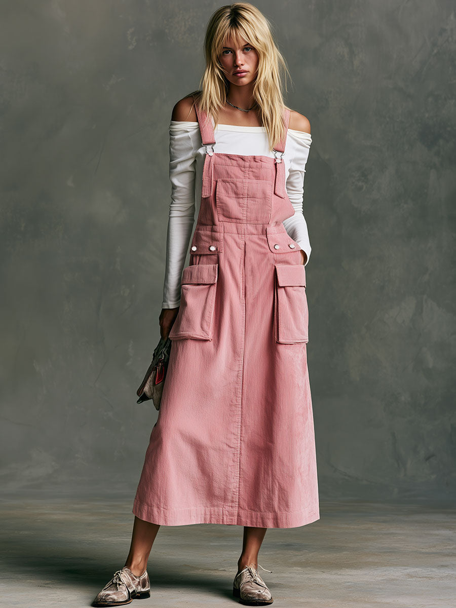Retro Casual Pink Corduroy Overalls Midi Dress