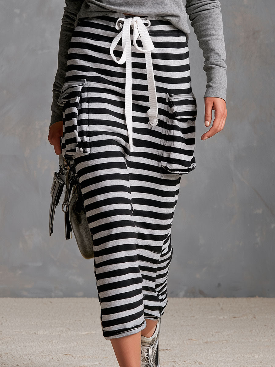 Retro Casual Gray Long-sleeved Cotton Top And Striped Workwear Skirt Set