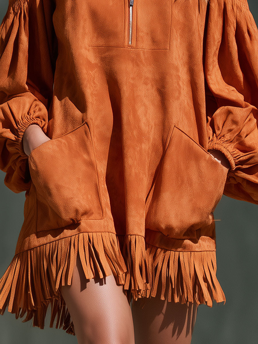Retro Orange Long-sleeved Off-shoulder Lapel Zipper Tassel Faux Suede Mini Dress