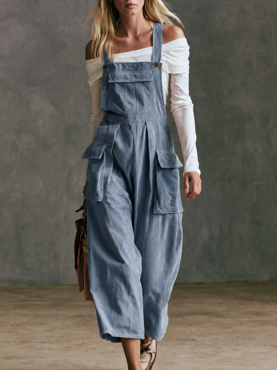 Casual Retro Blue Corduroy Overalls