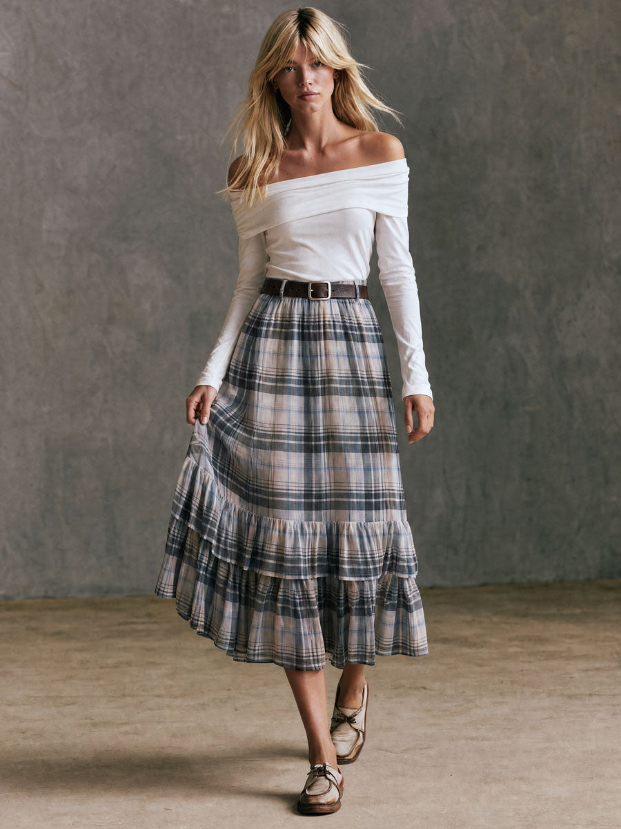 Western Retro Belted Plaid Chiffon Midi Skirt