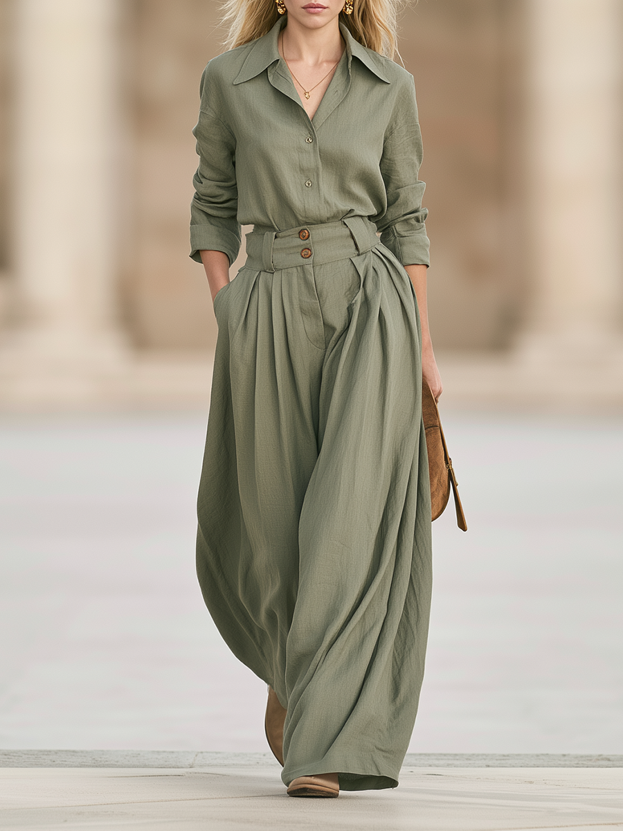 Retro-chic Green Long-sleeve Top And Trousers Set
