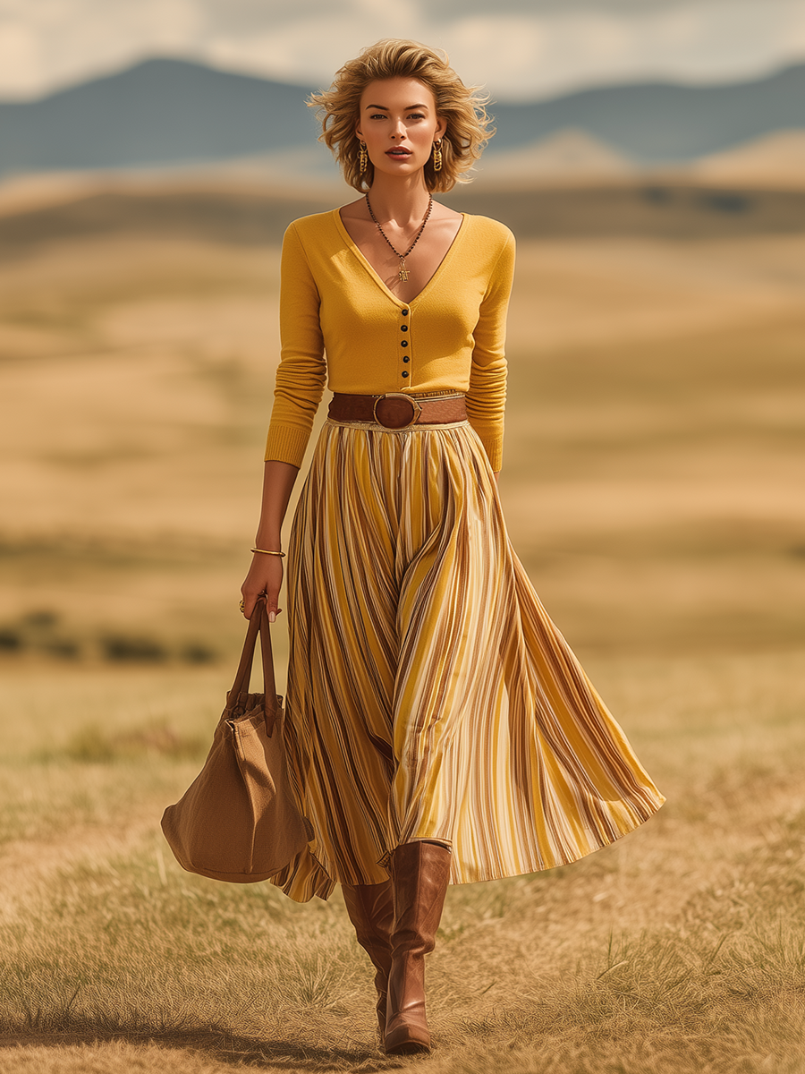 Retro-casual Western-style Tan Skirt Set