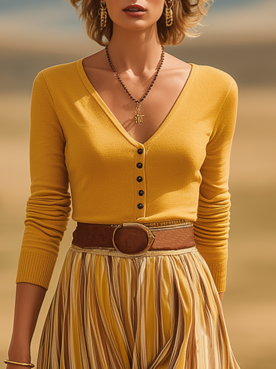 Retro-casual Western-style Tan Skirt Set