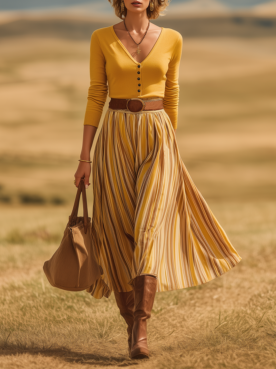 Retro-casual Western-style Tan Skirt Set