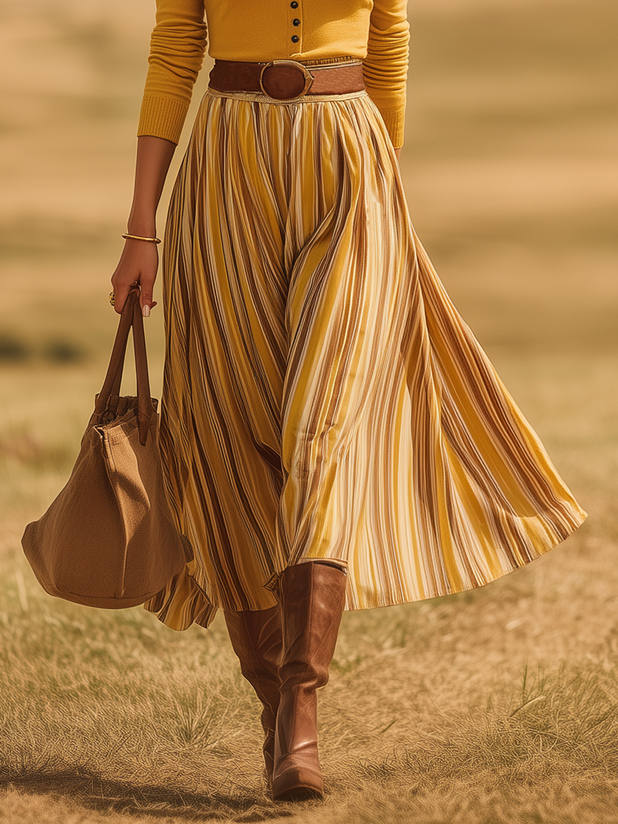 Retro-casual Western-style Tan Skirt Set