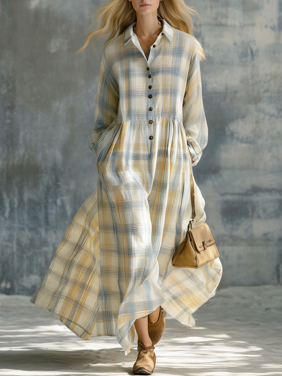 Casual Retro Collared Button Long-sleeved Plaid Cotton Maxi Dress
