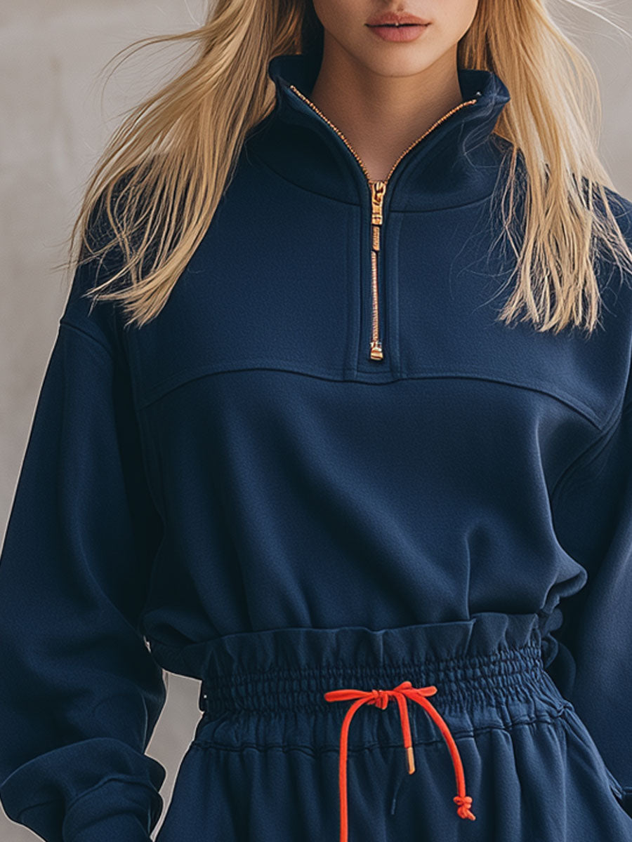 Casual Retro Color-blocked Drawstring Blue Stand Collar Half-zip Mini Dress