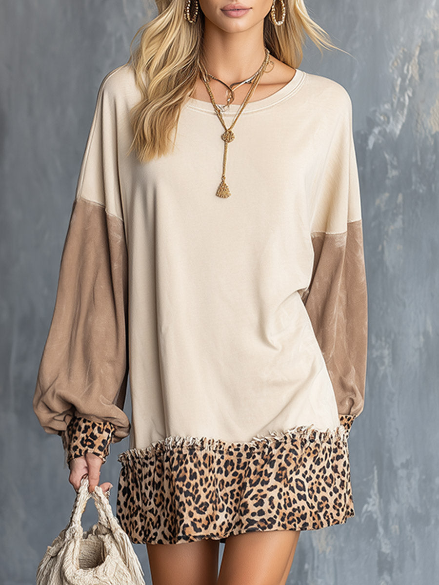 Casual Everyday Beige-Apricot Cotton-Patchwork Faux Suede Long-Sleeve Mini Dress