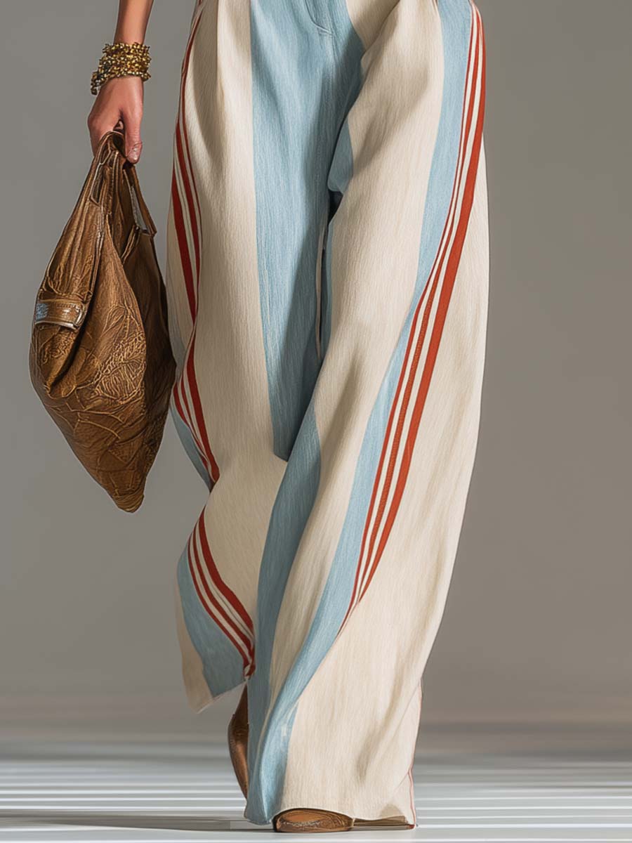 Retro Western Striped Cotton-Linen Wide-Leg Pants