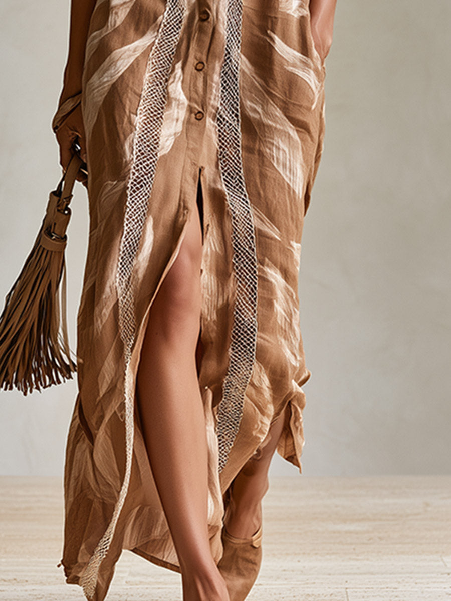 Vintage-style Boho Lace-trimmed Khaki Printed Cotton-linen Maxi Dress