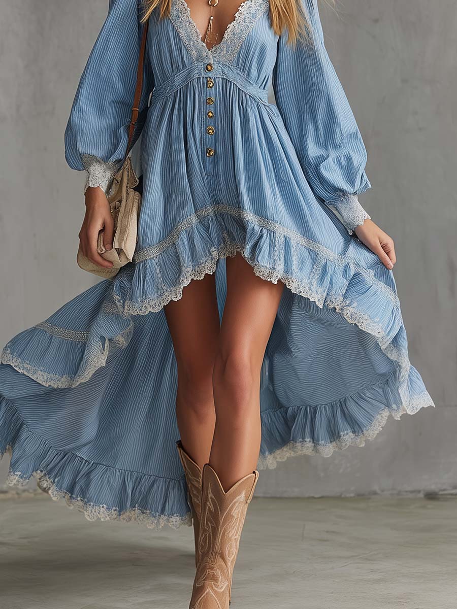 Boho Western Blue Striped Lace-Trim High-Low Maxi Dress