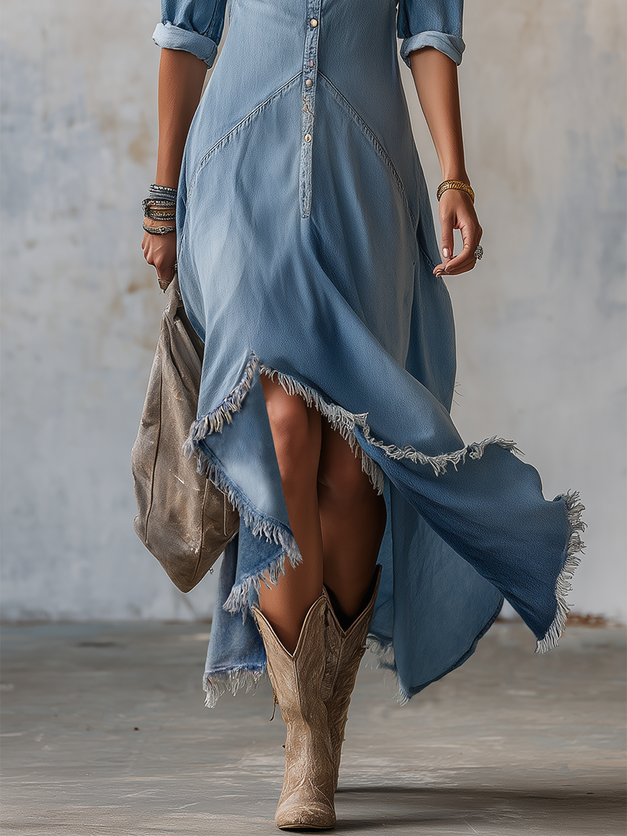 Western-style Raw-edge Irregular-hem Belted Denim Midi Dress