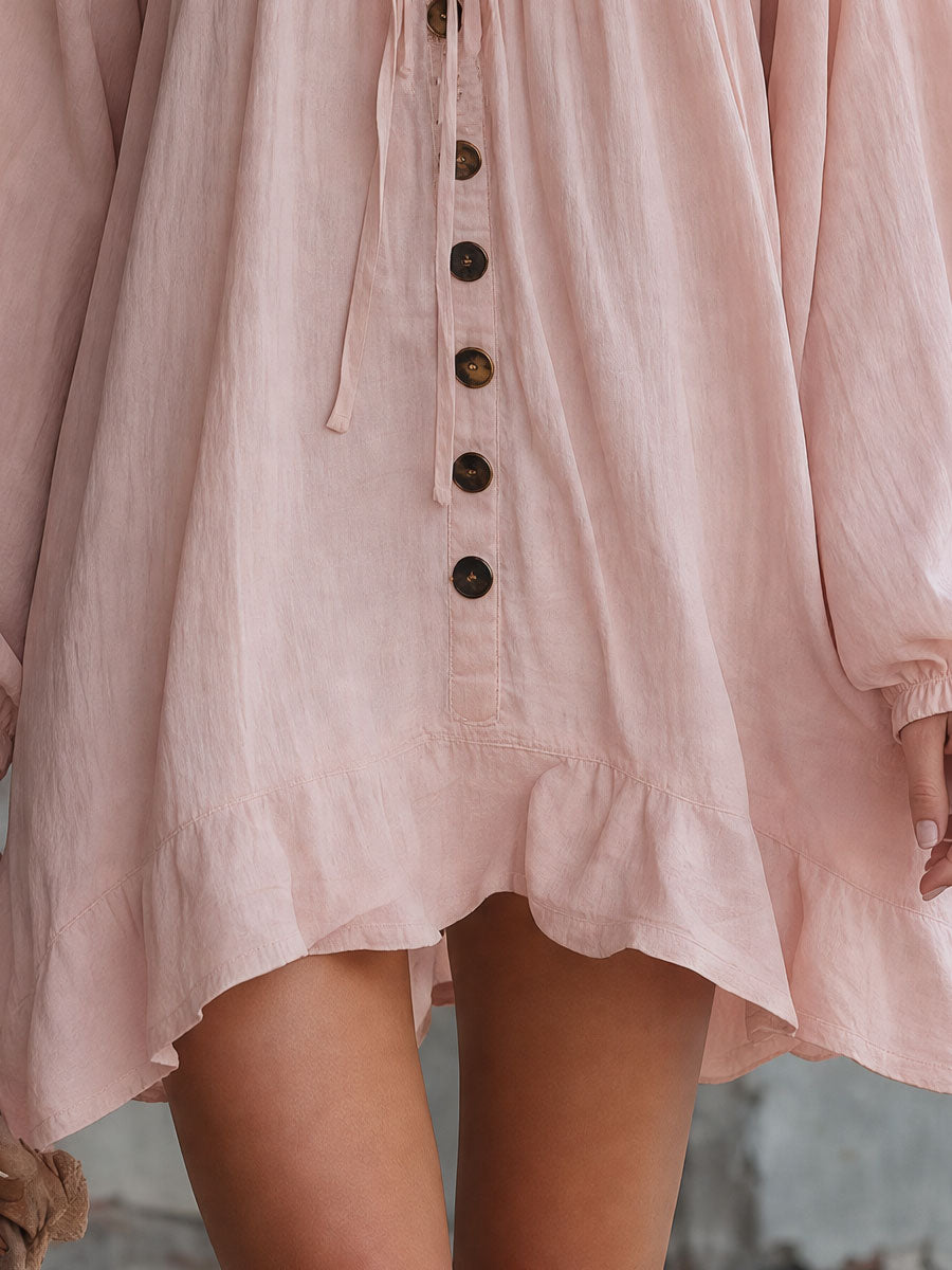 Vintage Lace-trimmed Pink V-neck Long-sleeved Ruffled Cotton-linen Mini Dress
