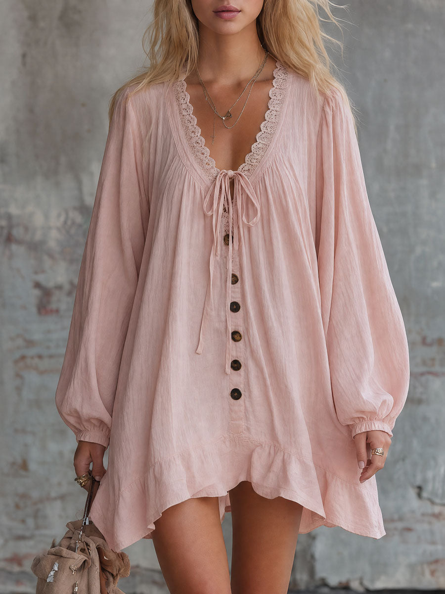Vintage Lace-trimmed Pink V-neck Long-sleeved Ruffled Cotton-linen Mini Dress