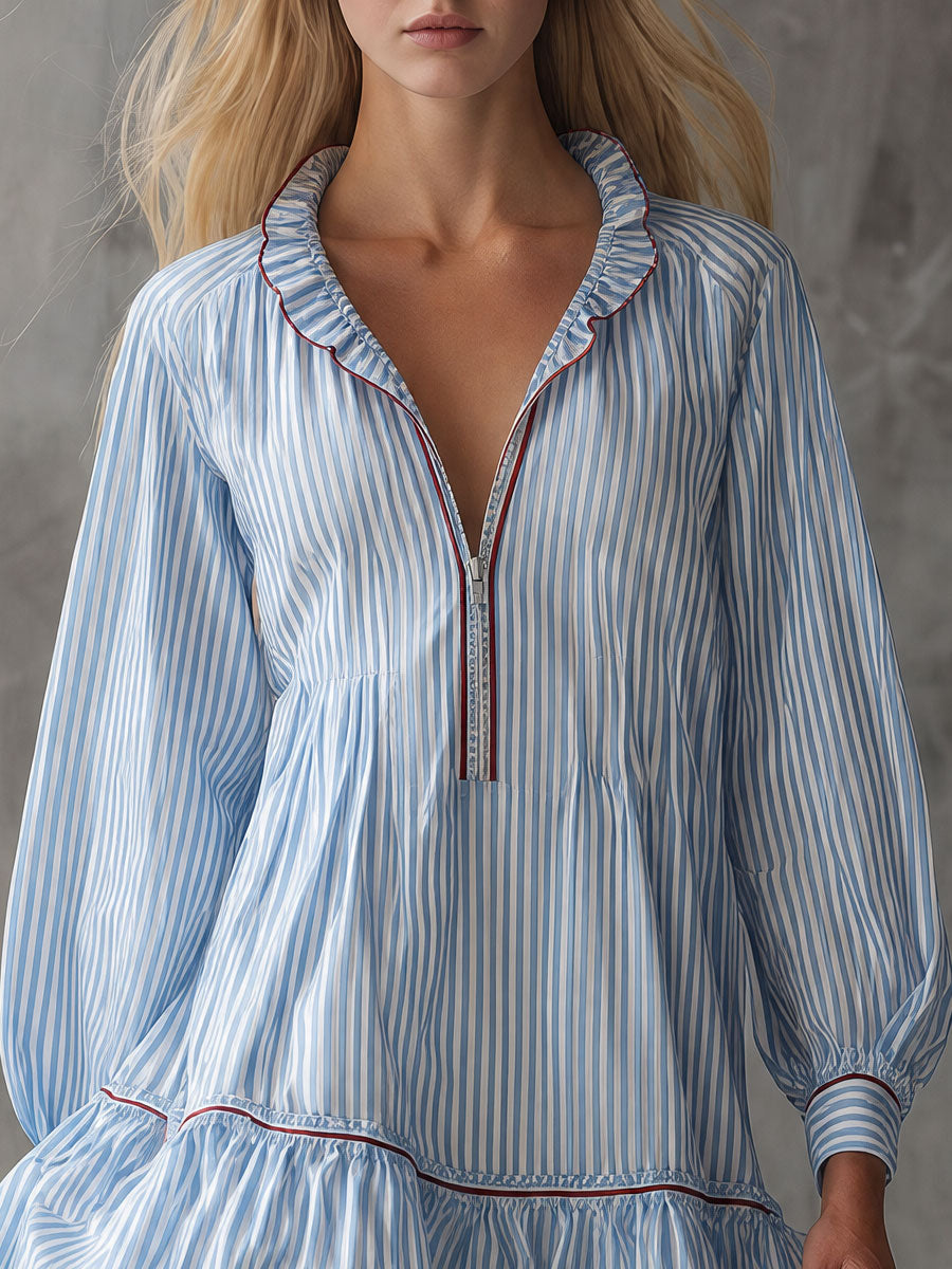 Retro Red And Blue Striped Ruffled Puff Sleeve Cotton Mini Dress