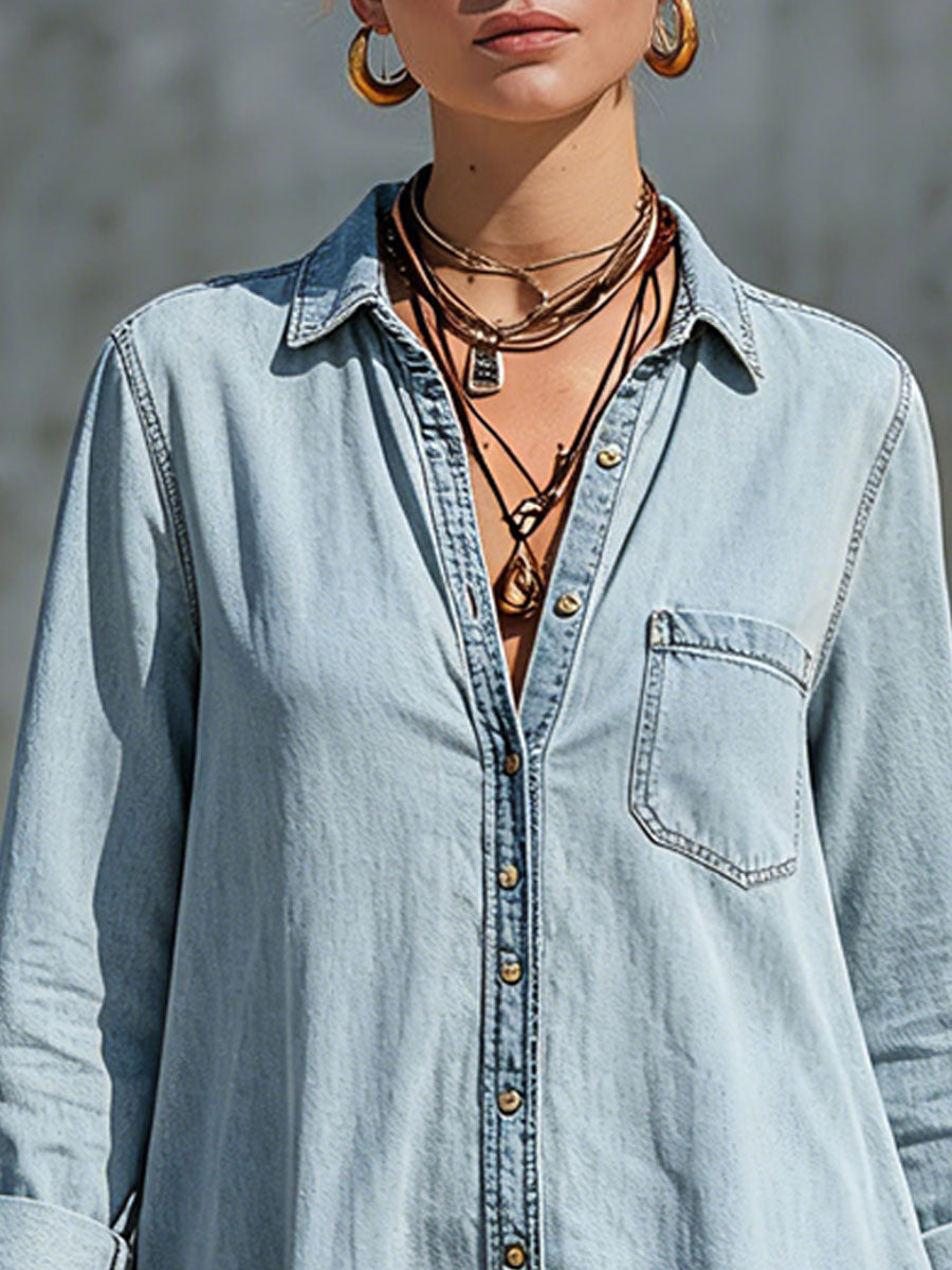 Casual Retro Light Blue Denim Long-sleeved Ruffle Mini Dress