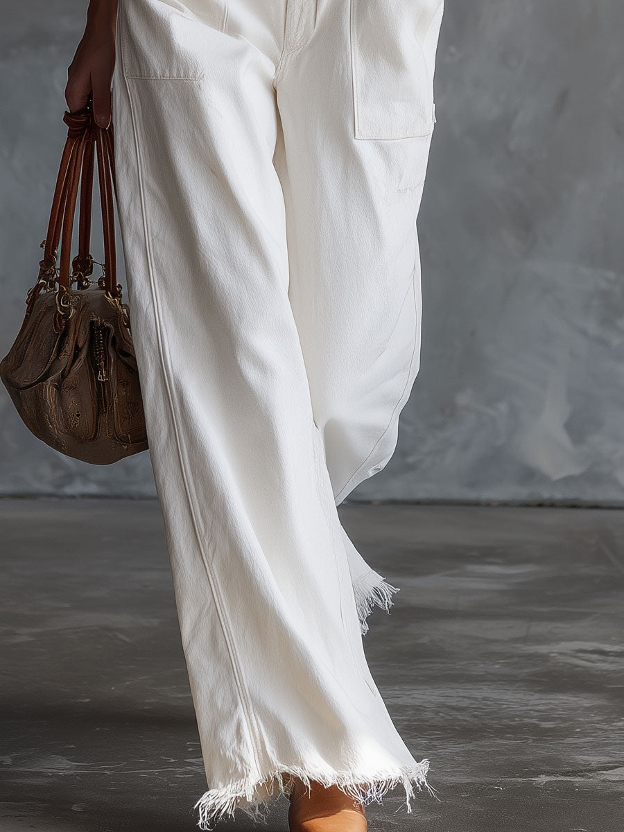 Casual Retro White Hooded Button-down Cotton Jumpsuit