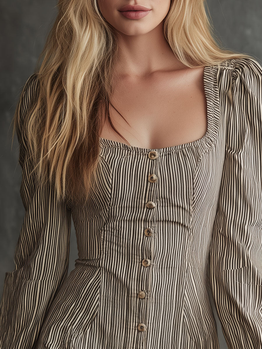 Vintage Dark Brown Striped Square Neck Puff Sleeve Button Cotton Mini Dress