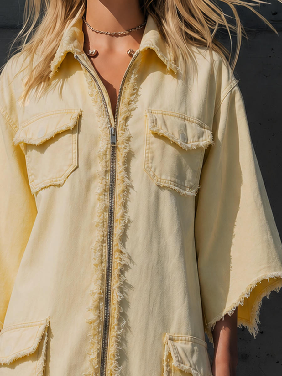 Vintage-style Distressed Utility Dress Featuring Large Pockets A Zippered Lapel A Drop-shoulder Design And A Raw-edge Fringed Hem