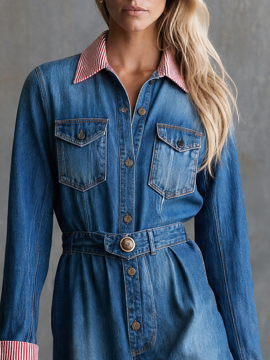 Retro Striped Collared Blue Button Denim Jumpsuit